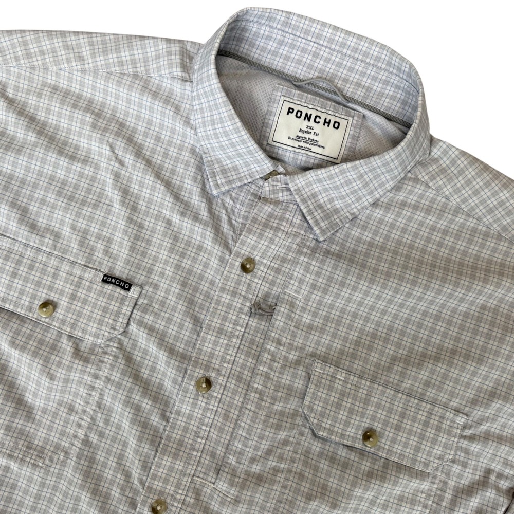 Poncho Outdoors Performance Fishing Shirt XXL Grey Plaid Magnetic Pocket Mens